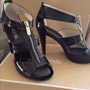 Michael Kors Black Crinkled Patent Berkley Strap Heels with Zipper Detail